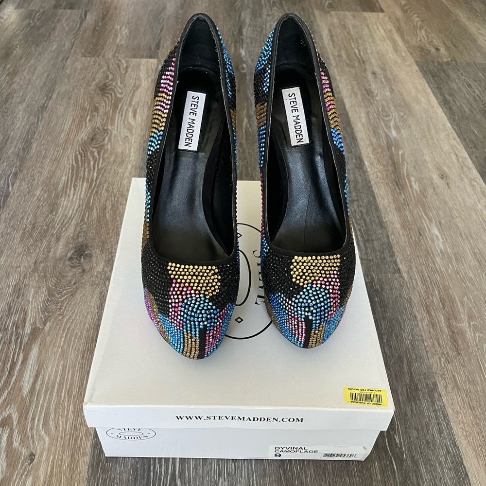 Steve Madden Dyvinal Camouflage Rhinestone Crystal Platform Heels Shoes Size 9